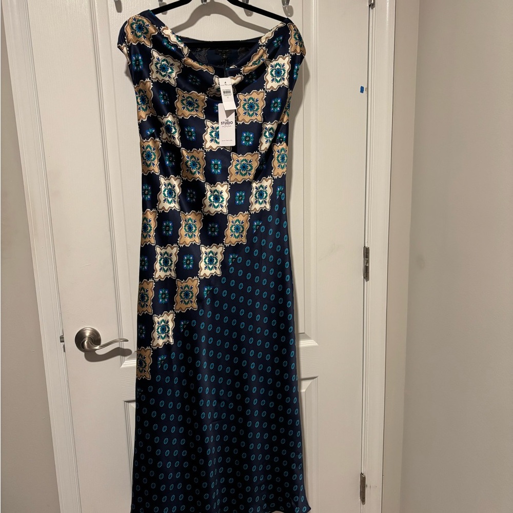 Ann Taylor Blue and Gold Sheath Dress with Cap Sleeves